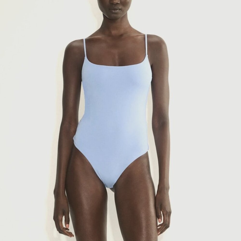 Wilfred Aritzia Light Blue Ribbed Open Back Thong Bodysuit Medium